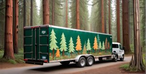 Photo of a pickup truck towing a cargo trailer. The trailer is decorated with a stylized forest graphic featuring multiple evergreen trees.